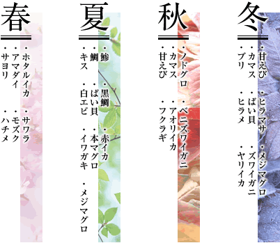 春はホタルイカ、サワラ、アマダイ、モズク、サヨリ、ハチメがおいしいです。夏は鯵、黒鯛、赤イカ、鯛、ばい貝、本マグロ、キス、白エビ、イワガキ、メジマグロがおいしいです。秋はノドグロ、ベニズワイガニ、カマス、アオリイカ、甘えび、フクラギがおいしいです。冬は甘えび、ヒラマサ、メジマグロ、カマス、ばい貝、ズワイガニ、ブリ、ヒラメ、ヤリイカがおいしいです。